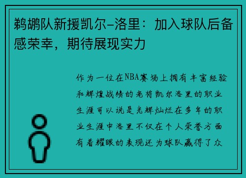 鹈鹕队新援凯尔-洛里：加入球队后备感荣幸，期待展现实力